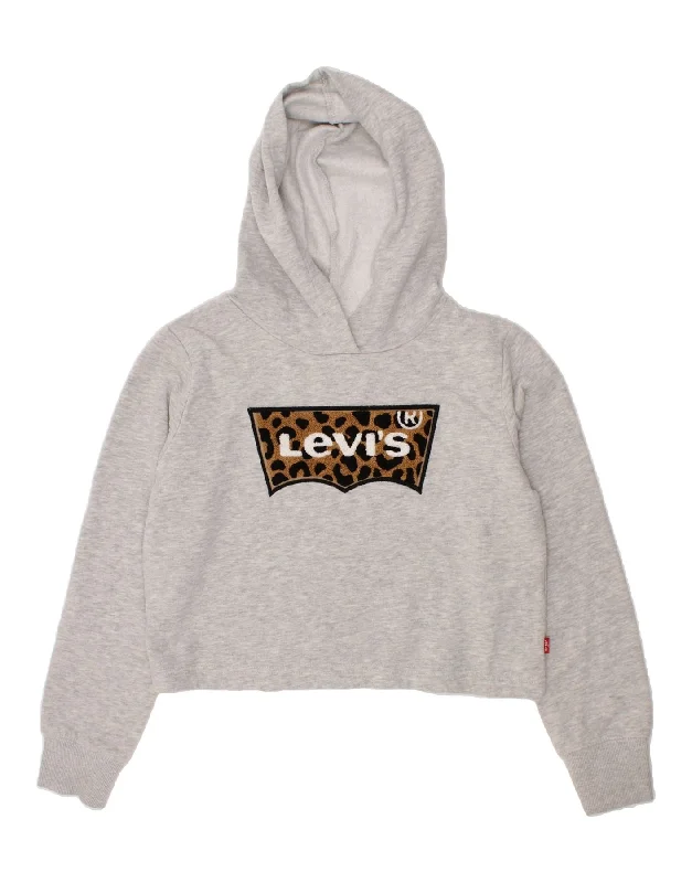 Sneak Peek Sale LEVI'S Girls Crop Graphic Hoodie Jumper 10-11 Years Medium Grey Cotton
