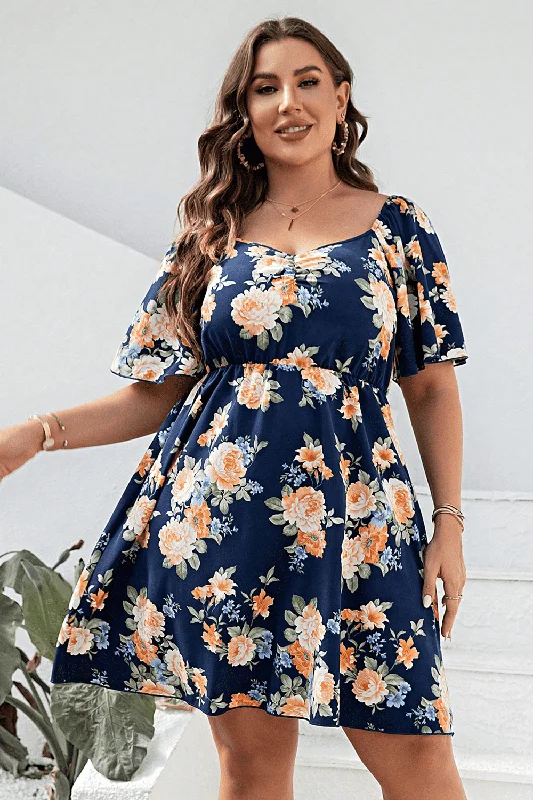 New Markdowns flowy maxi dressPlus Size Floral Print V-Neck Flutter Sleeve Mini Dress