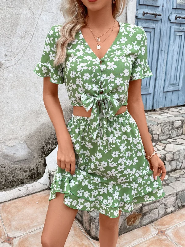 Deal Mania structured dressTied Printed V-Neck Flounce Sleeve Mini Dress