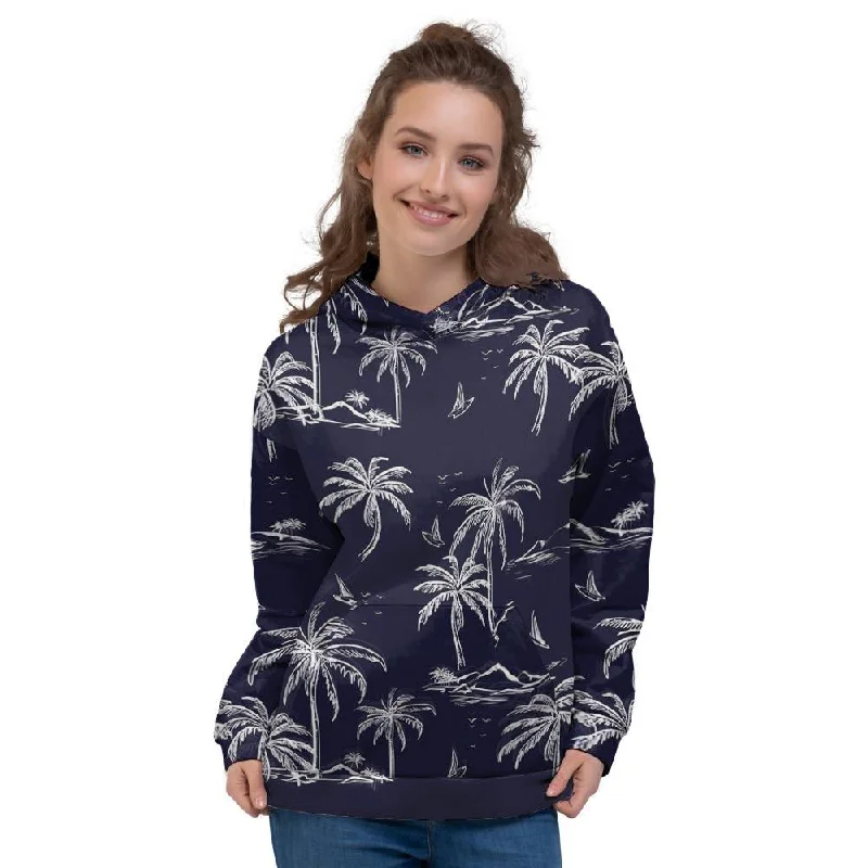 Exclusive Preview Black Palm Tree Hawaiian Print Women's Hoodie