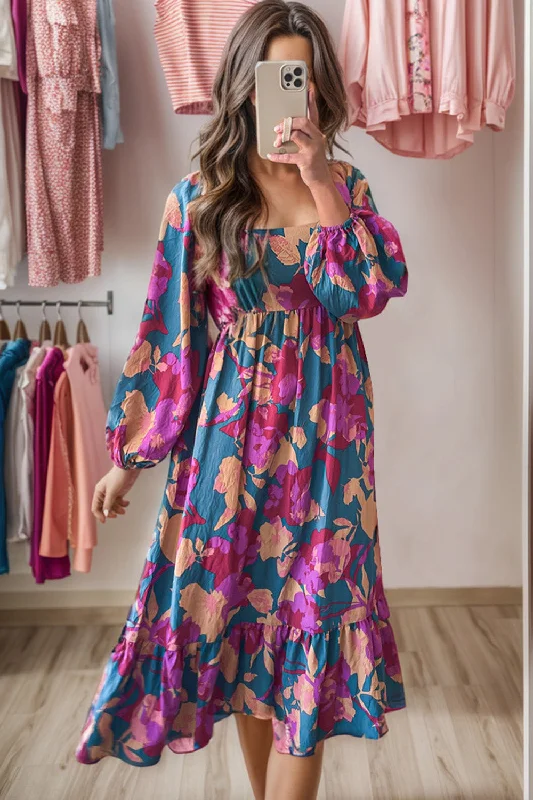Crazy Savings casual evening dressSquare Neck Balloon Sleeve Midi Dress