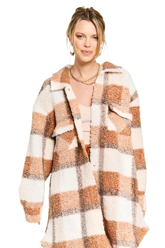 Blowout Deals versatile jacketPlus Size Fuzzy Plaid Teddy Jacket