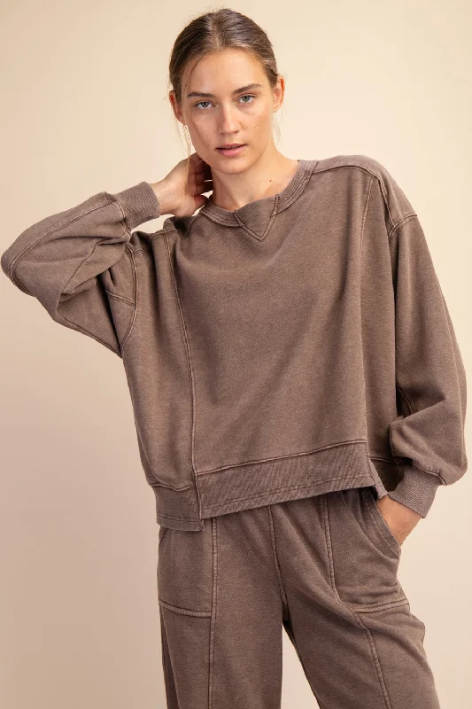 Year-End Sale premium outdoor jacketMineral Washed French Terry Crew Neck Pullover- Mocha